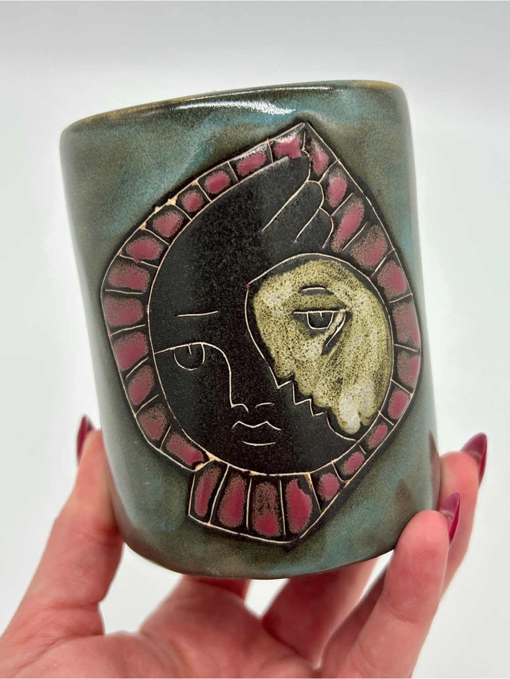 Vintage Mara Mexico Stoneware Art Pottery Cubist Abstract Faces Coffee Mug